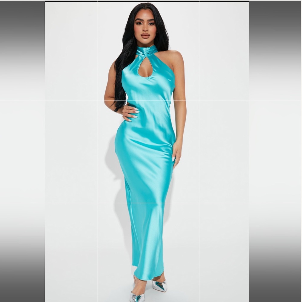 Fashion Nova Aqua Satin Midi Dress